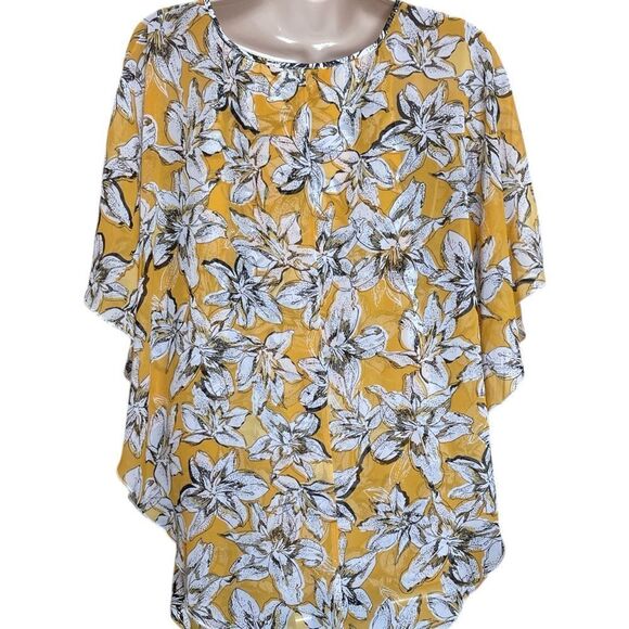 Notations Yellow /black floral Flutter Sleeve Tunic 2 Layers Sheer Sz3X beads - Picture 4 of 6